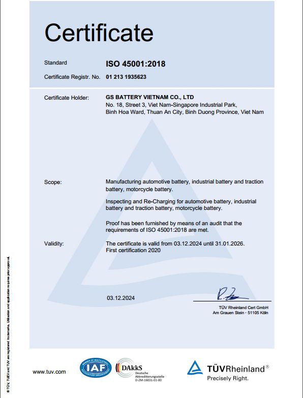 Chứng nhận chất lượng ISO 45001 ắc quy GS